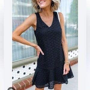 Eyelet Black Dress with embroidery hem detail